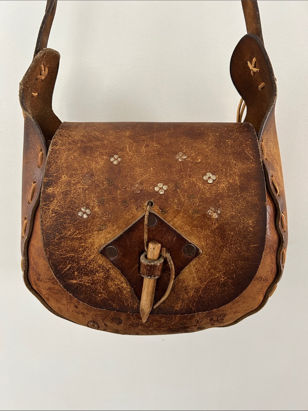 Vintage Handmade Brown Leather Crossbody Bag Flower Child Bohemian Hippie